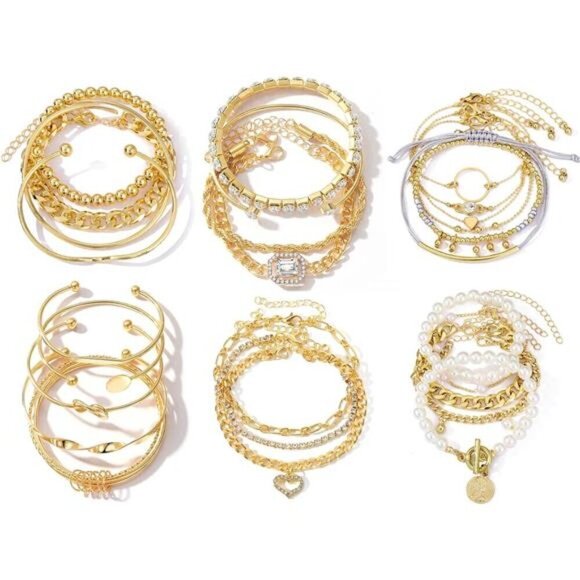 6 PACK (24 PCS) Boho Gold Chain Bracelets Set for Women, 14K Gold Plated - Picture 1 of 4